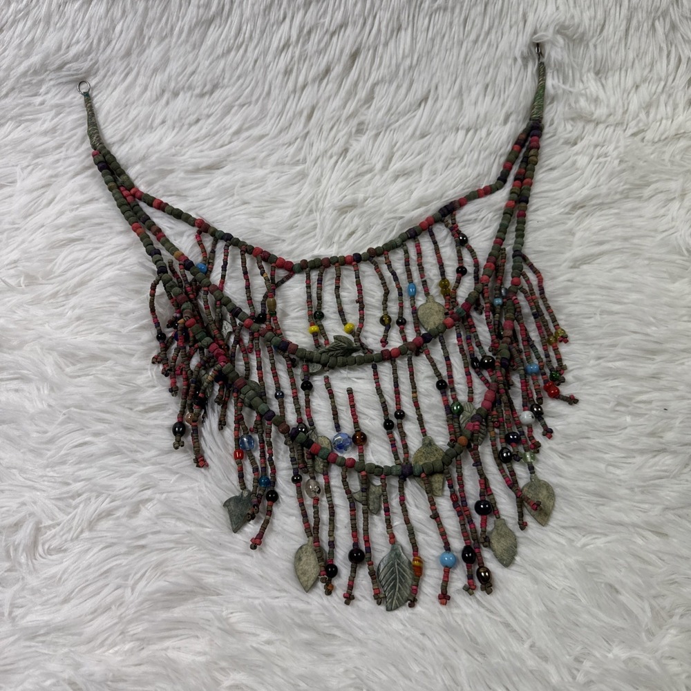 Vintage Artisan Fringe Bib Necklace Stone Leaf Art Glass Bead Boho Statement